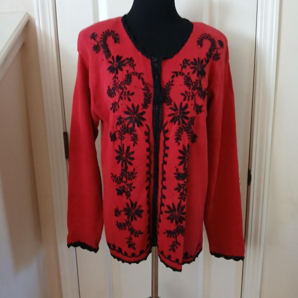 Vintage 90s Kathie Lee Collection Red Floral Embroidered Full Zip Cardigan M